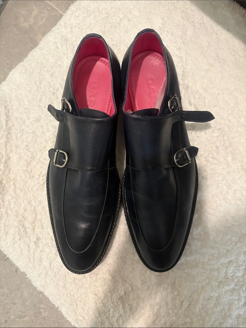 Black Double Monk Strap Leather Shoes with Pink Insole